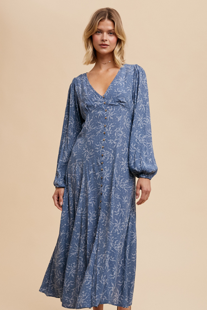 VISCOSE FLORAL BUTTON DOWN MAXI DRESS - ELEMENTAL BLUE