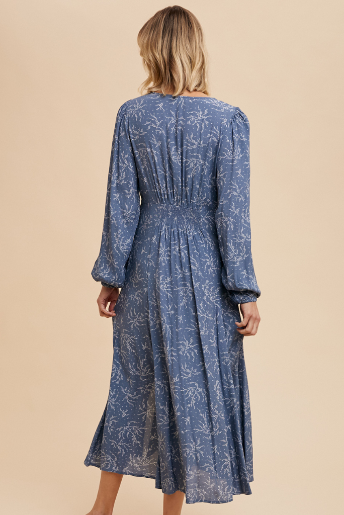 VISCOSE FLORAL BUTTON DOWN MAXI DRESS - ELEMENTAL BLUE