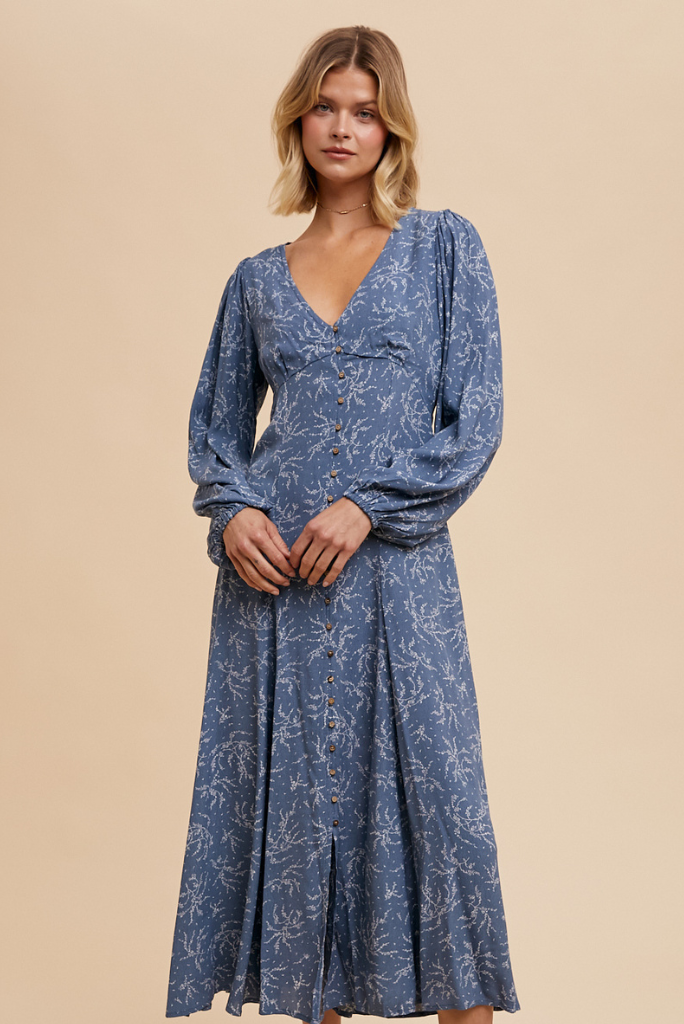 VISCOSE FLORAL BUTTON DOWN MAXI DRESS - ELEMENTAL BLUE