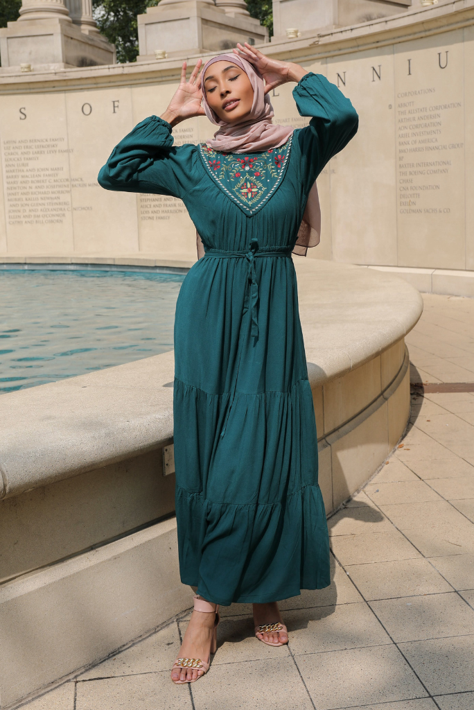 EMBROIDERED YOKE MAXI DRESS EMERALD The Modest Outlet