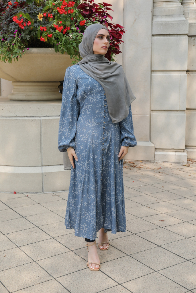 VISCOSE FLORAL BUTTON DOWN MAXI DRESS - ELEMENTAL BLUE