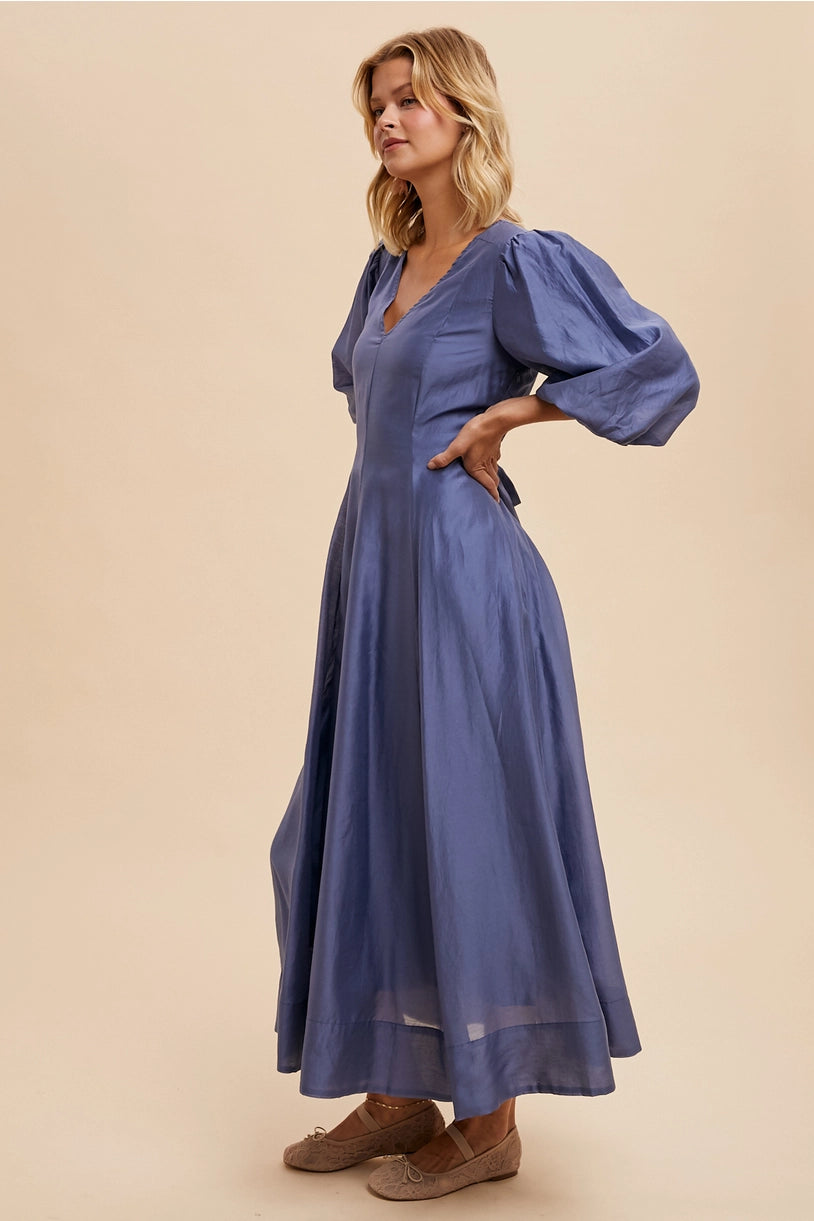 Tencel Fit and Flare Puff Sleeve Dress - ELEMENTAL BLUE