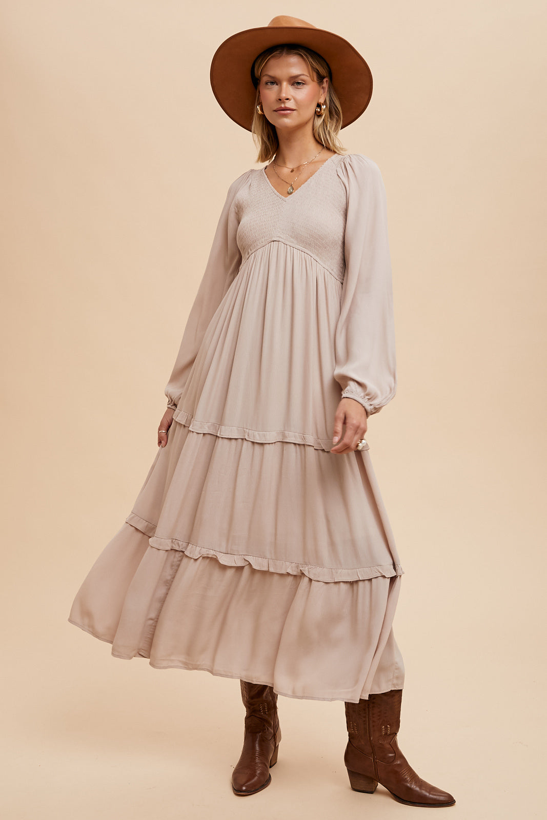 knee length dresses for ladies Beige Long Sleeve Maxi Dress w/ High Slit