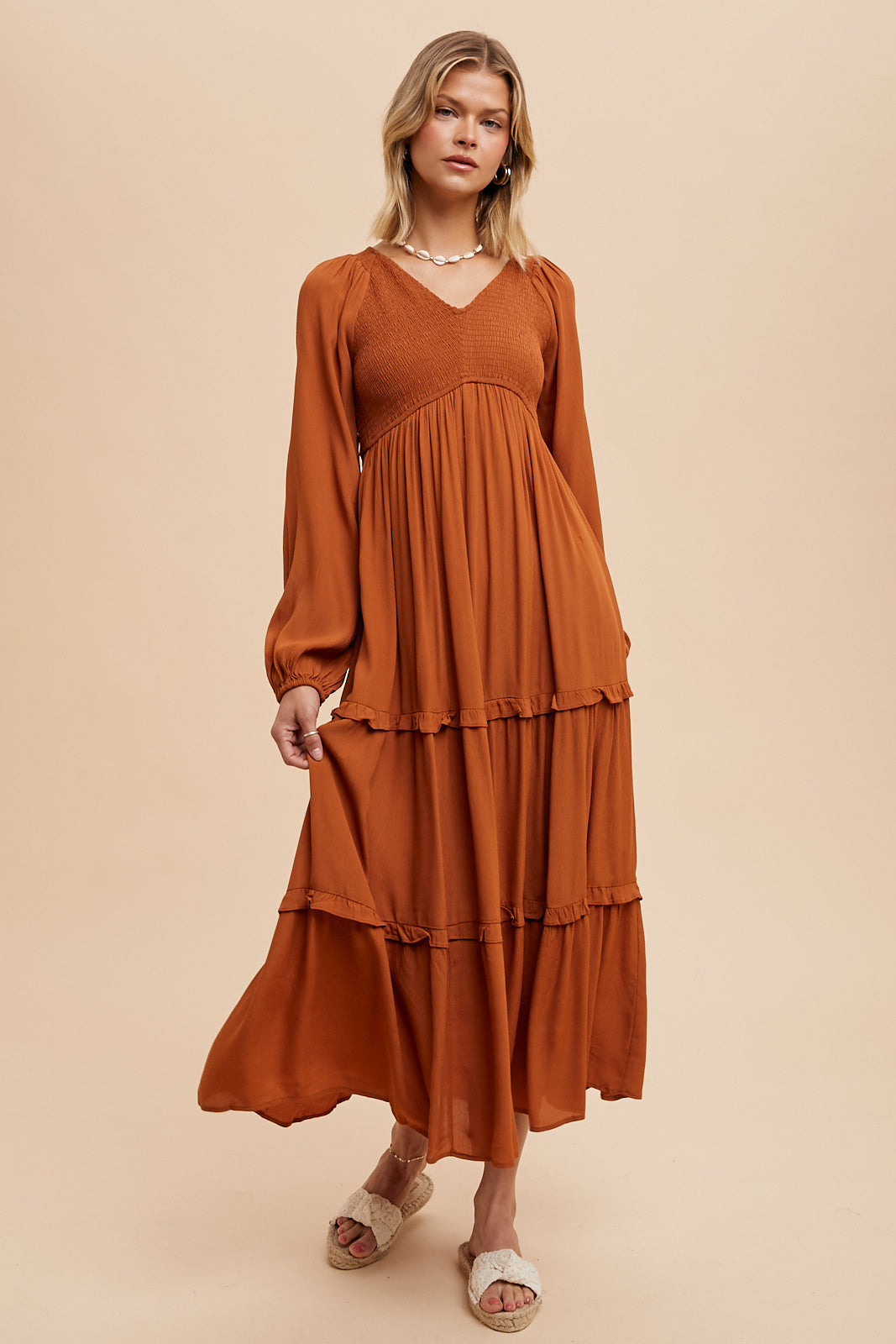 Smocked Ruffle Tiered Maxi Dress - SEPIA The Modest Outlet Smocked Ruffle Tiered Maxi Dress - SEPIA The Modest Outlet