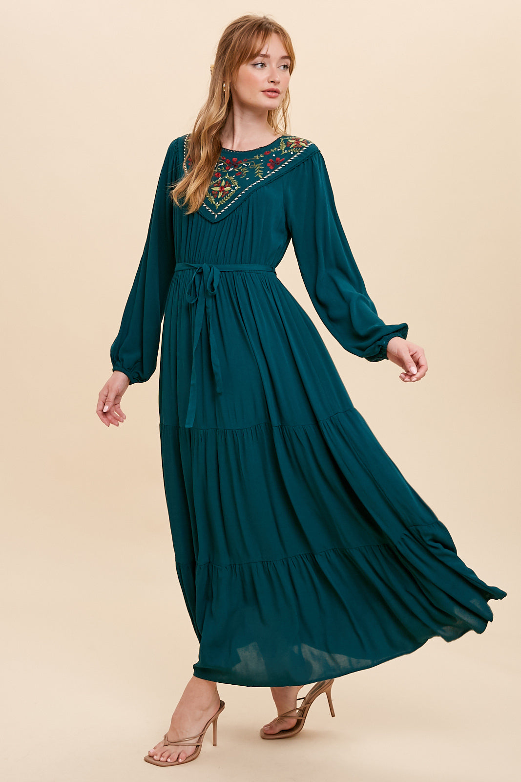 EMBROIDERED YOKE MAXI DRESS - EMERALD