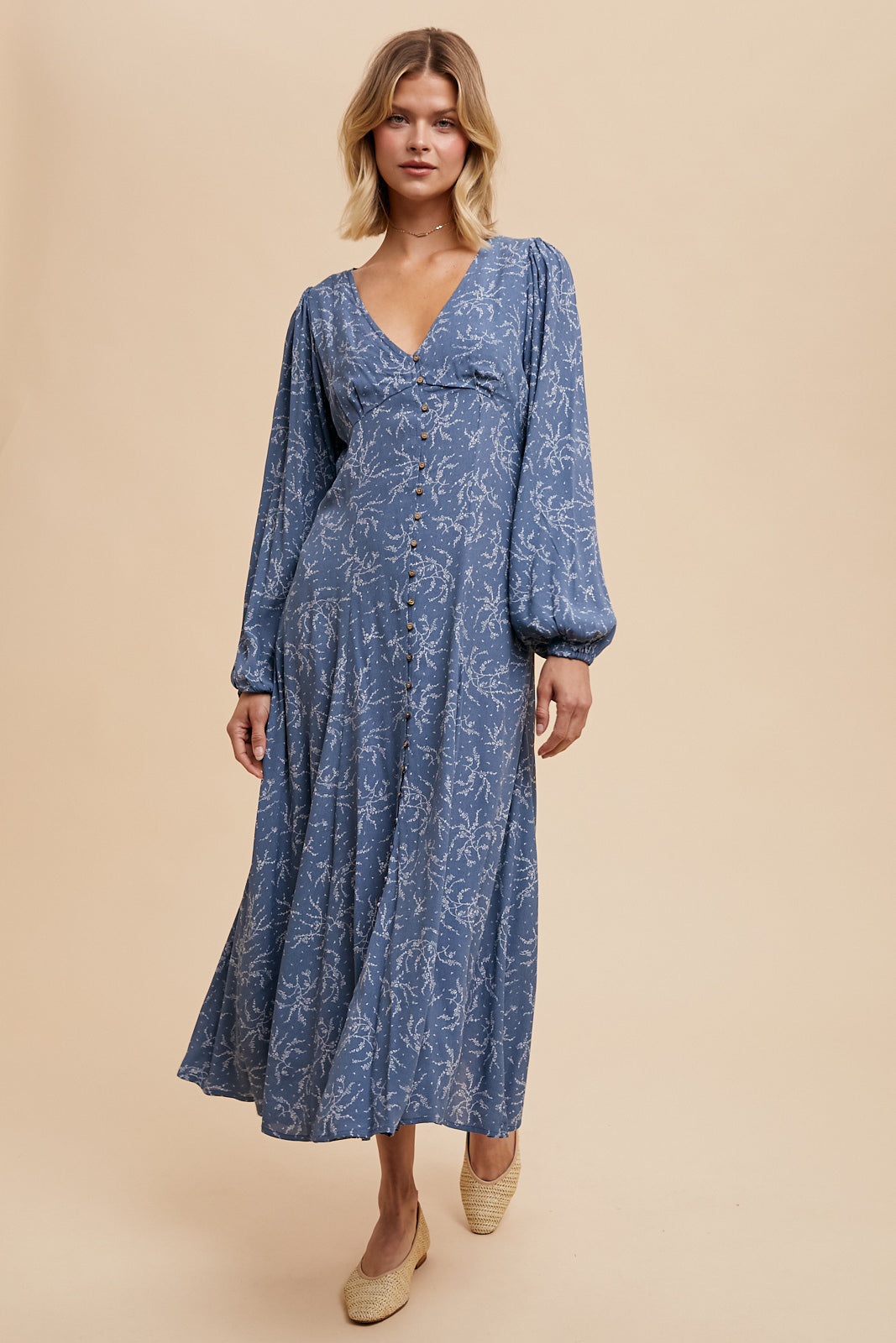 VISCOSE FLORAL BUTTON DOWN MAXI DRESS - ELEMENTAL BLUE