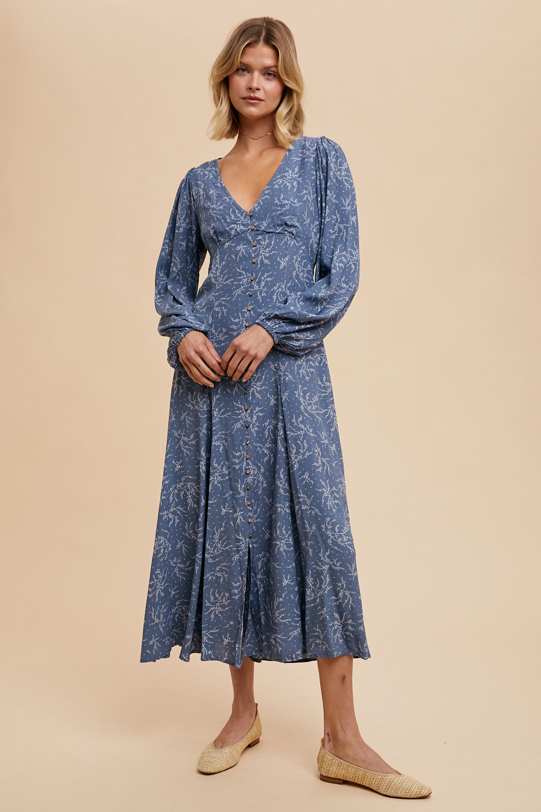 VISCOSE FLORAL BUTTON DOWN MAXI DRESS - ELEMENTAL BLUE