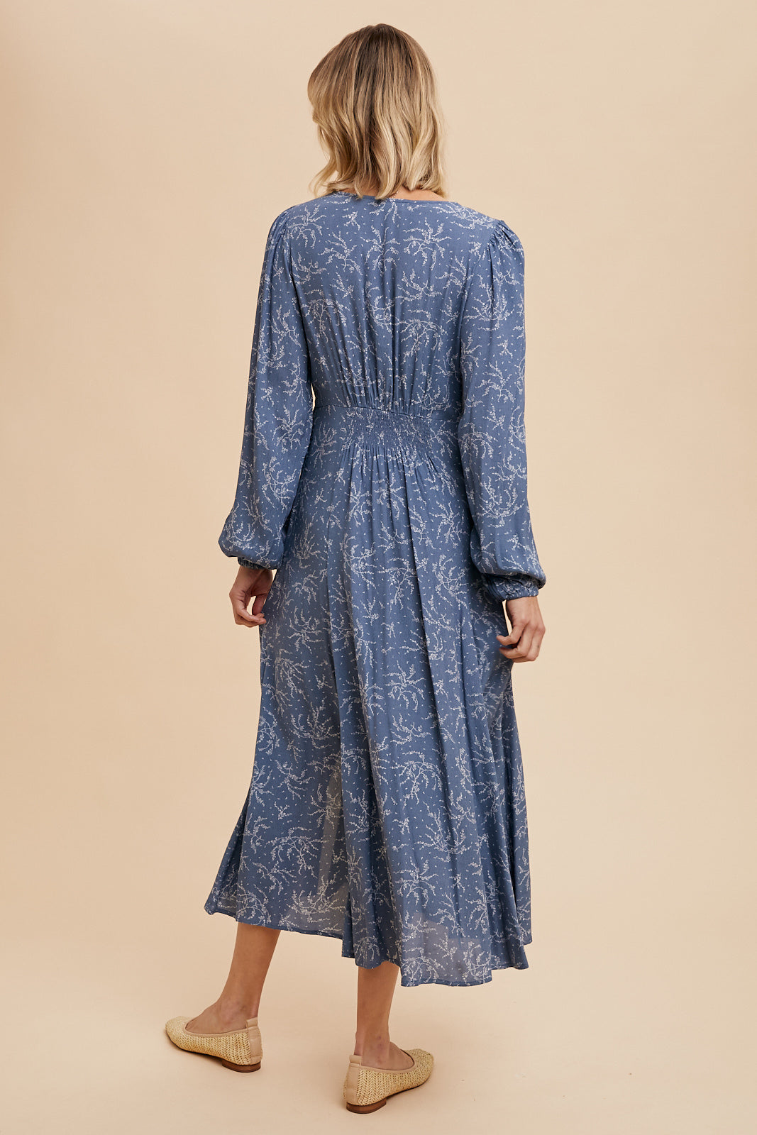 VISCOSE FLORAL BUTTON DOWN MAXI DRESS - ELEMENTAL BLUE