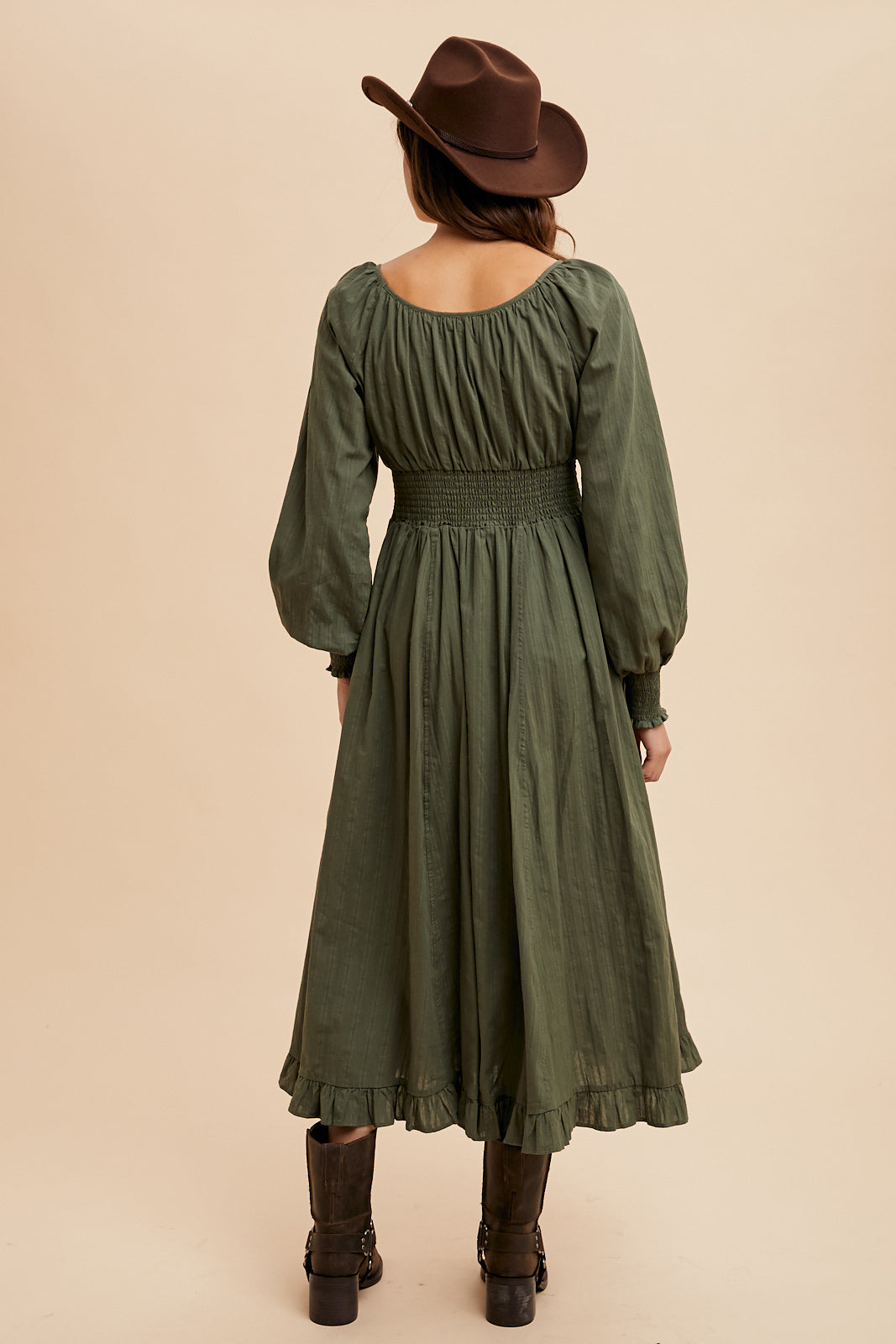 Cotton Button Down Midi Dress - Dark Olive