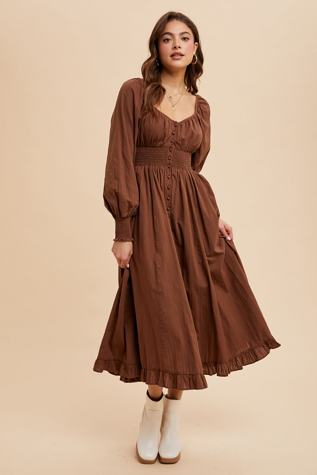 Cotton Button Down Midi Dress - MOCHA