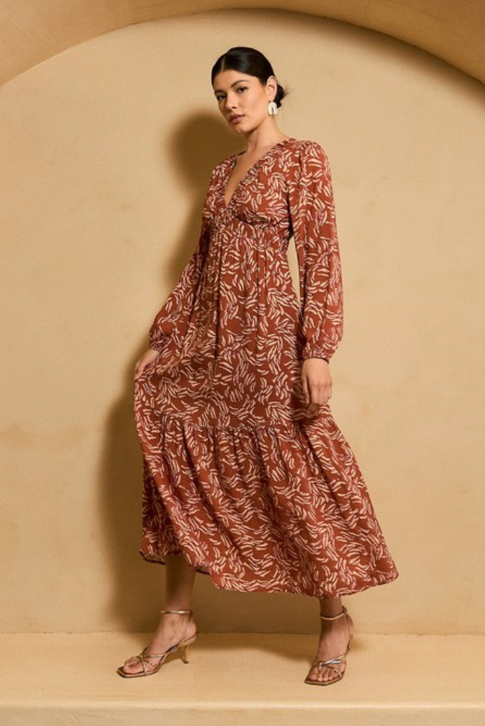 Long Sleeve Elastic V Neck Abstract Print Dress - The Modest Outlet Long Sleeve Elastic V Neck Abstract Print Dress - The Modest Outlet
