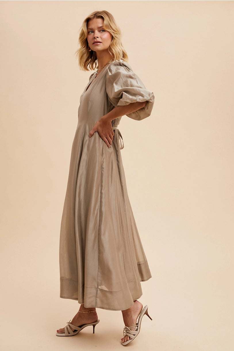 Tencel Fit and Flare Puff Sleeve Dress - ALMOND