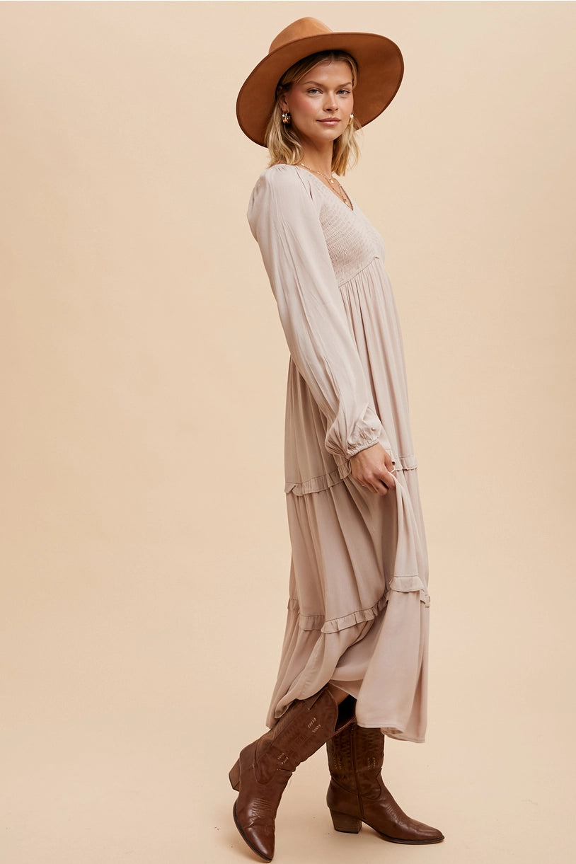 Smocked Ruffle Tiered Maxi Dress - Beige