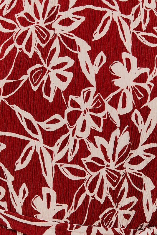 Long Sleeve Mock Neck Waist Elastic with Tie Dress - Rust-white Floral