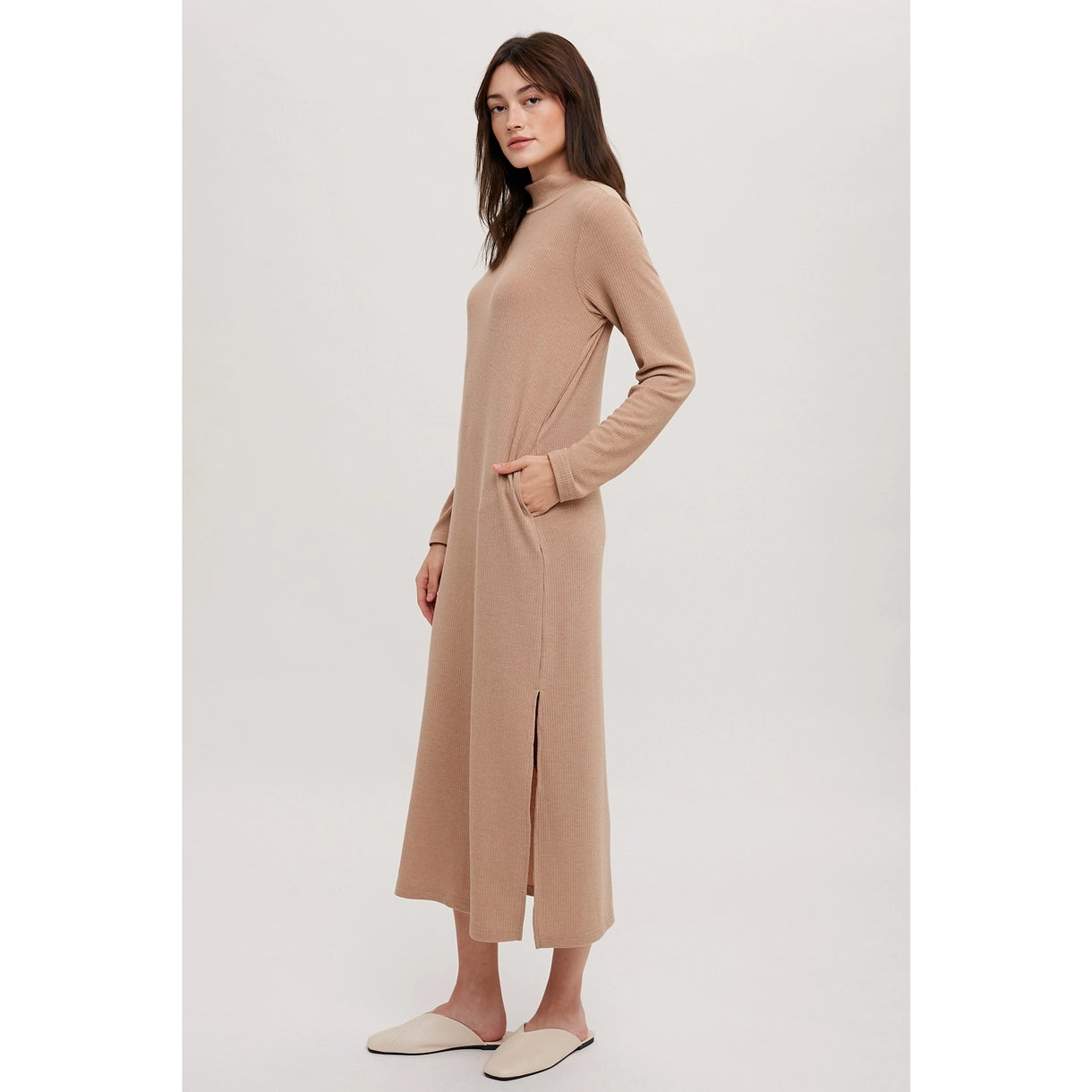 Mock Neck Knit Midi Dress Taupe