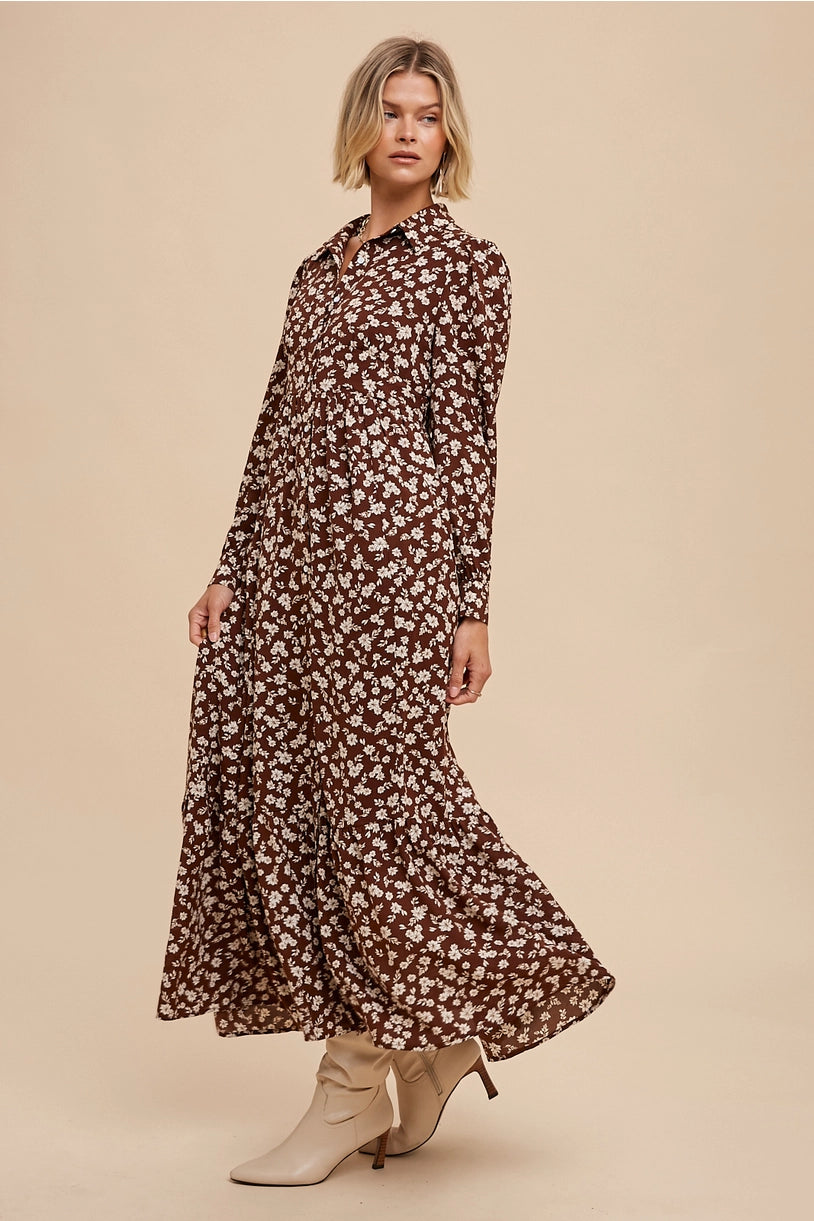 Floral Collar Button Down Maxi Dress - MOCHA FLORAL