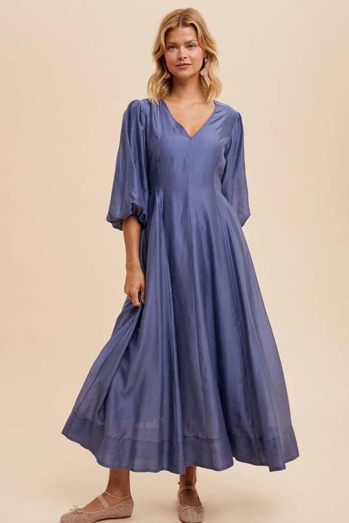 Tencel Fit and Flare Puff Sleeve Dress -  ELEMENTAL BLUE