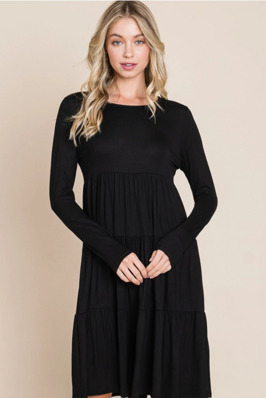 Casual Tiered Dress - BLACK, Solid