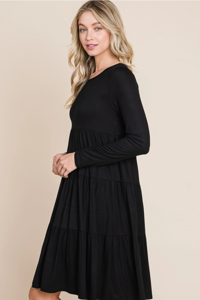 Casual Tiered Dress - BLACK, Solid