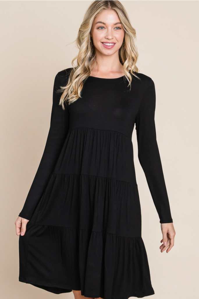 Casual Tiered Dress - BLACK, Solid