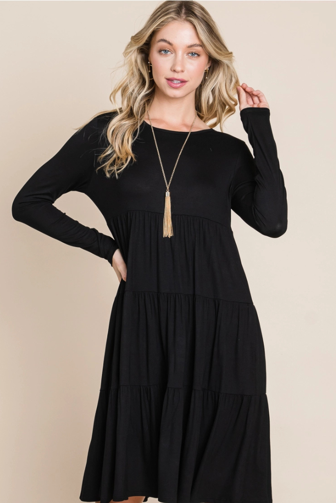 Casual Tiered Dress - BLACK, Solid