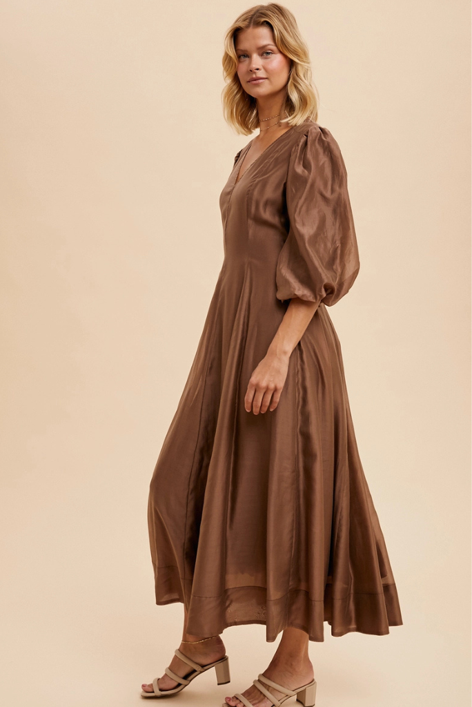 Tencel Fit and Flare Puff Sleeve Dress - CHESTNUT