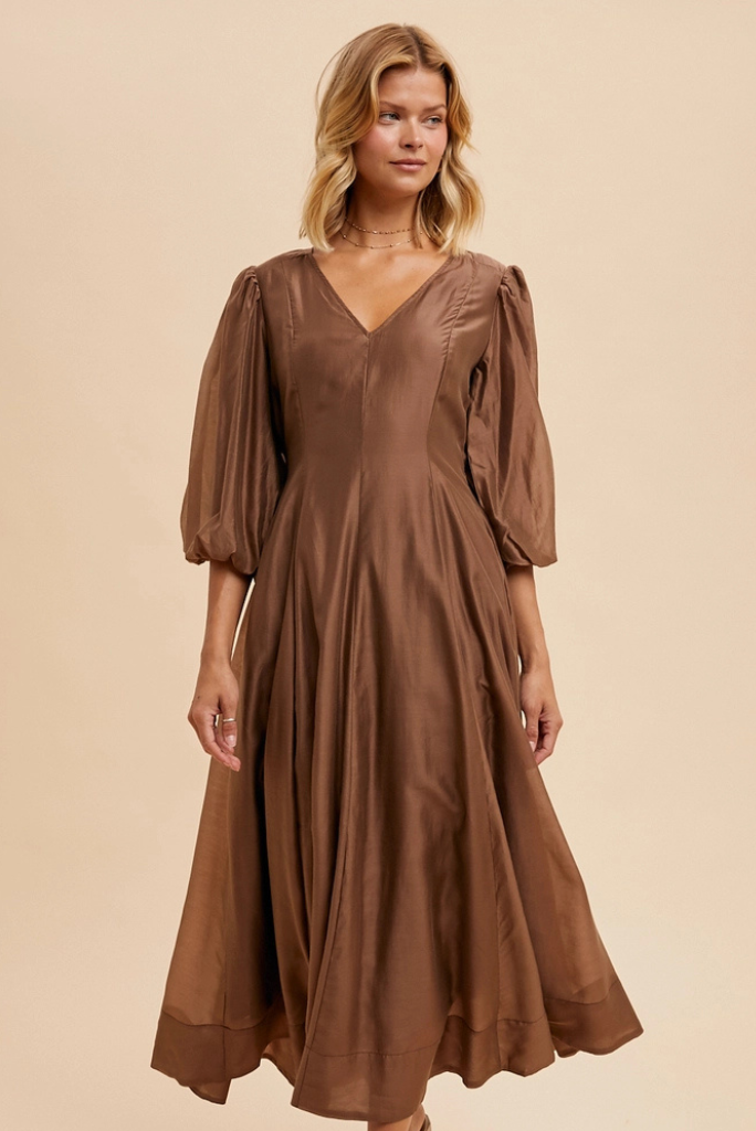 Tencel Fit and Flare Puff Sleeve Dress - CHESTNUT