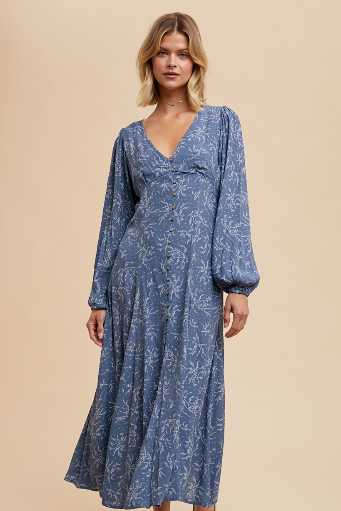 VISCOSE FLORAL BUTTON DOWN MAXI DRESS -  ELEMENTAL BLUE