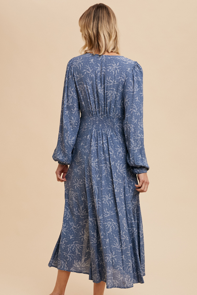 VISCOSE FLORAL BUTTON DOWN MAXI DRESS -  ELEMENTAL BLUE