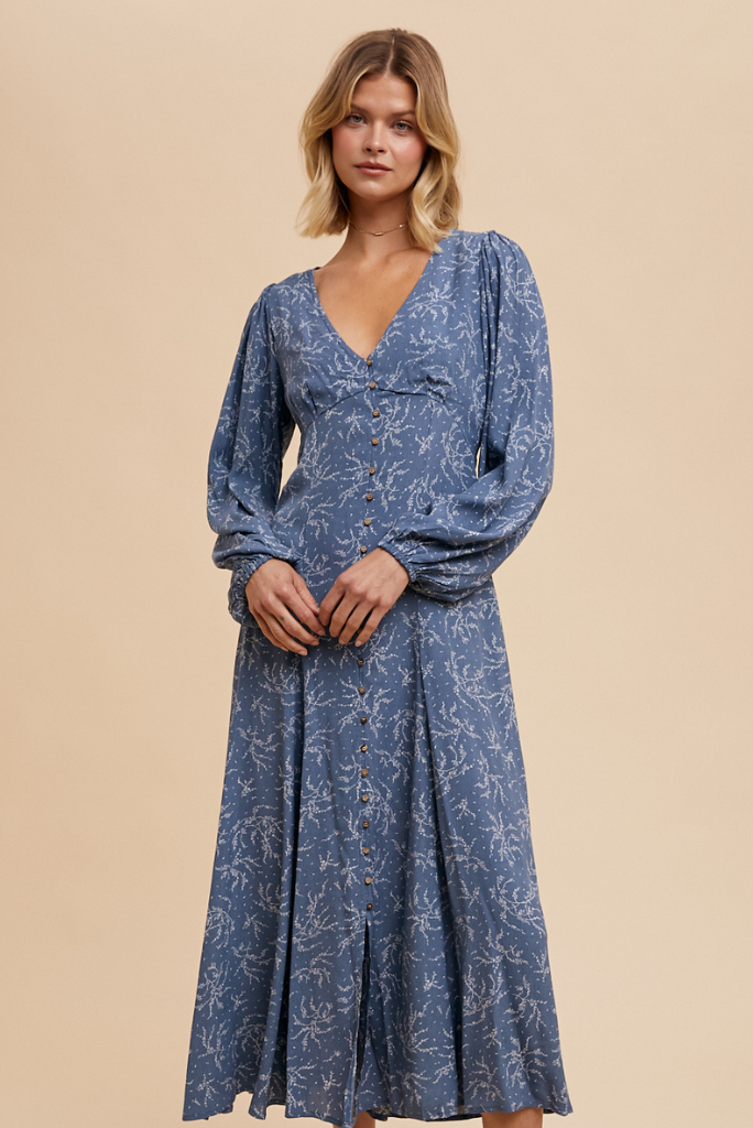 VISCOSE FLORAL BUTTON DOWN MAXI DRESS -  ELEMENTAL BLUE