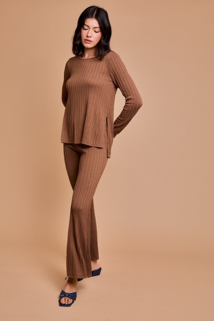 Side Slit Detail Top and High Waist Pants - Mocha