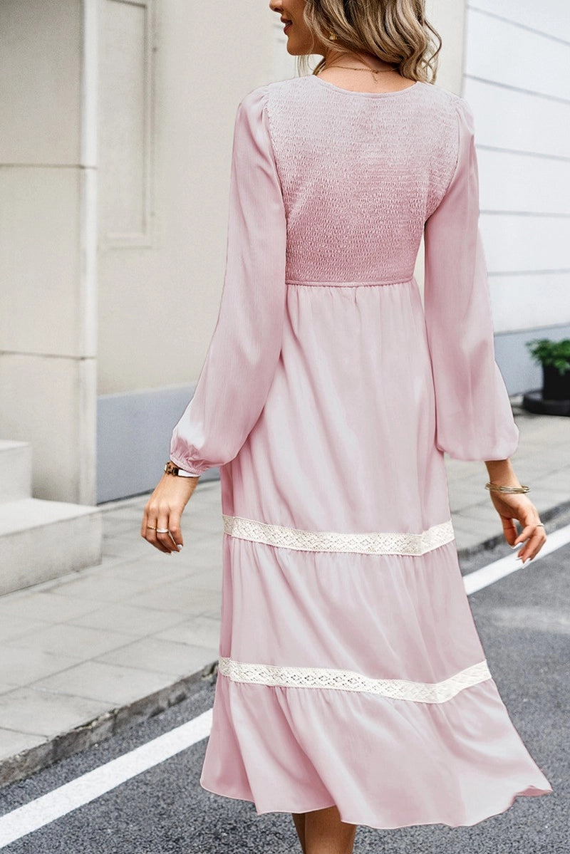 Women Lace Trim Long Sleeve Elegant Maxi Dress - Pink