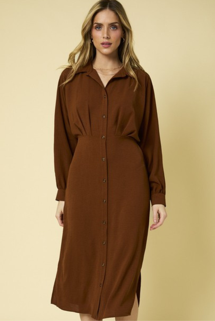 Long Sleeve Collared Button Down Midi Dress - Copper