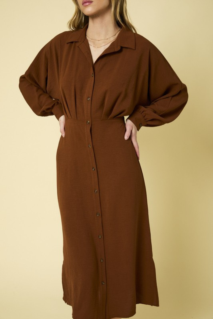 Long Sleeve Collared Button Down Midi Dress - Copper