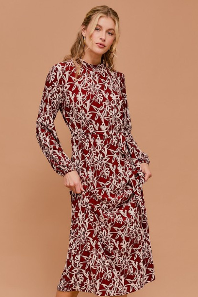 Long Sleeve Mock Neck Waist Elastic with Tie Dress -  Rust-white Floral