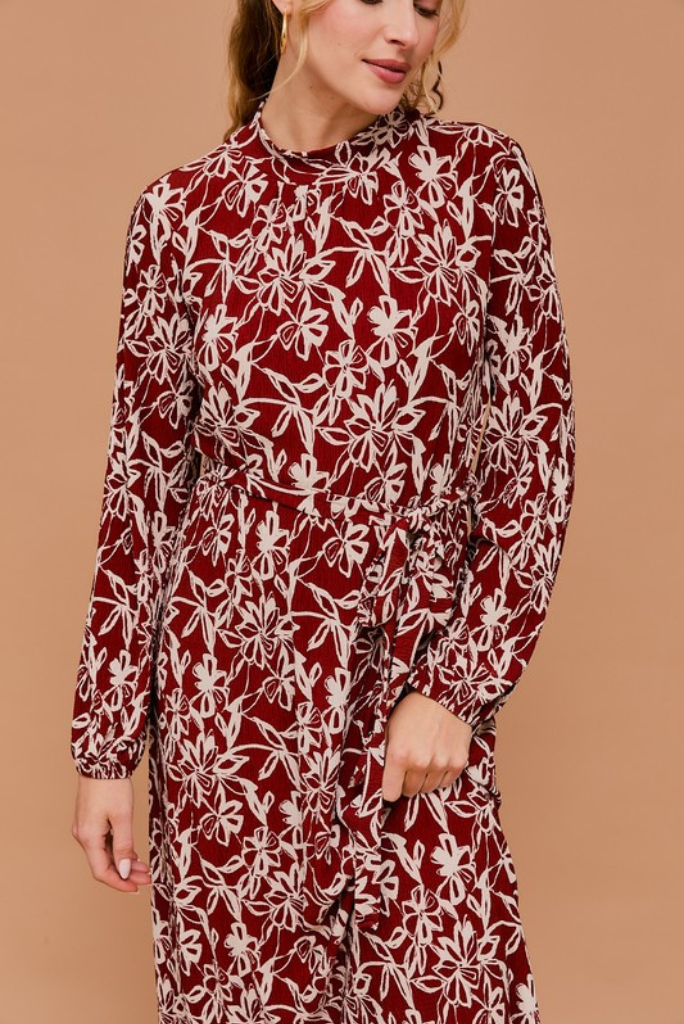 Long Sleeve Mock Neck Waist Elastic with Tie Dress - Rust-white Floral The Modest Outlet Long Sleeve Mock Neck Waist Elastic with Tie Dress - Rust-white Floral The Modest Outlet