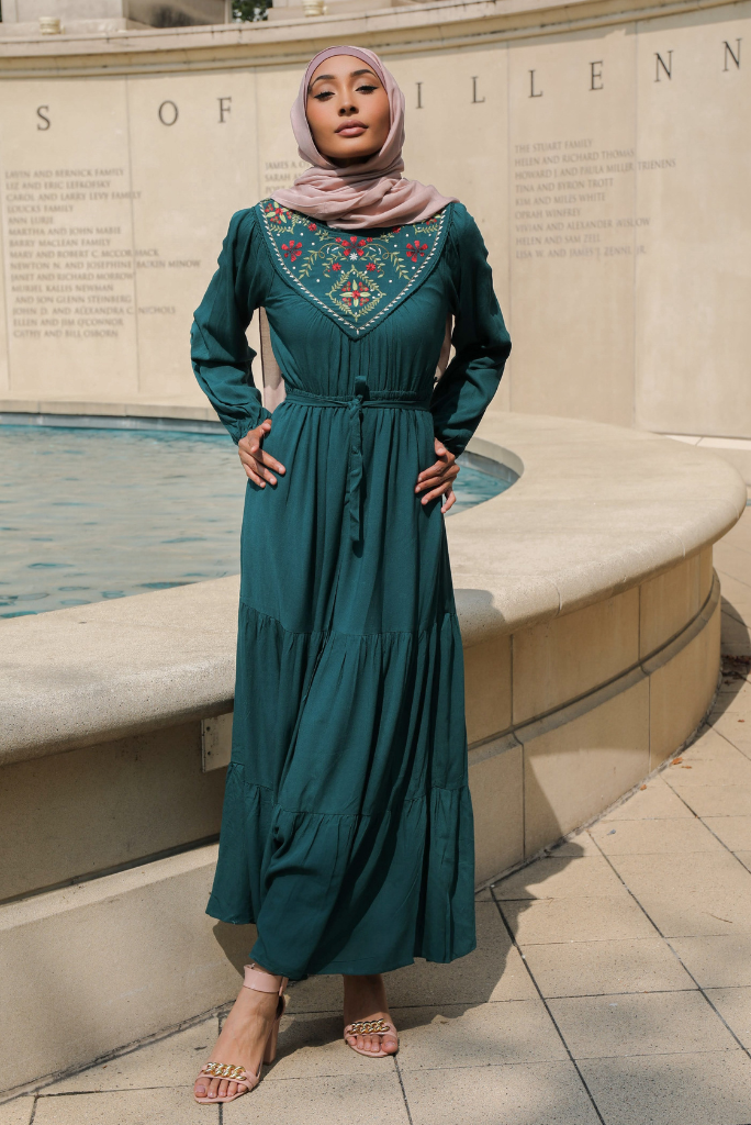 EMBROIDERED YOKE MAXI DRESS - EMERALD