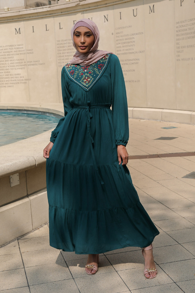 EMBROIDERED YOKE MAXI DRESS - EMERALD The Modest Outlet EMBROIDERED YOKE MAXI DRESS - EMERALD The Modest Outlet