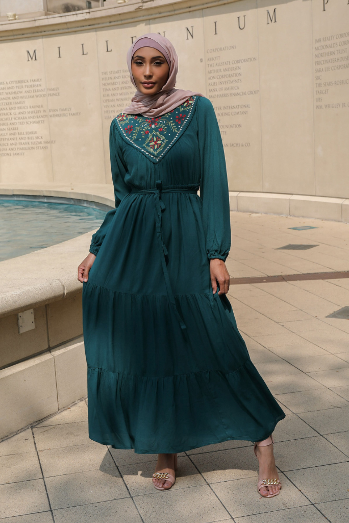 EMBROIDERED YOKE MAXI DRESS - EMERALD