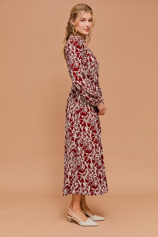 Long Sleeve Mock Neck Waist Elastic with Tie Dress -  Rust-white Floral