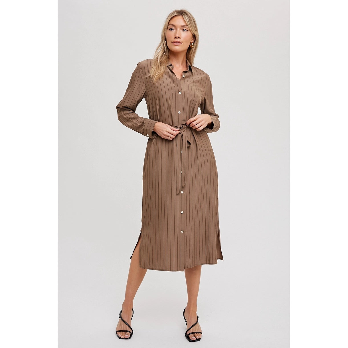 Stripe Midi Shirt Dress - Brown