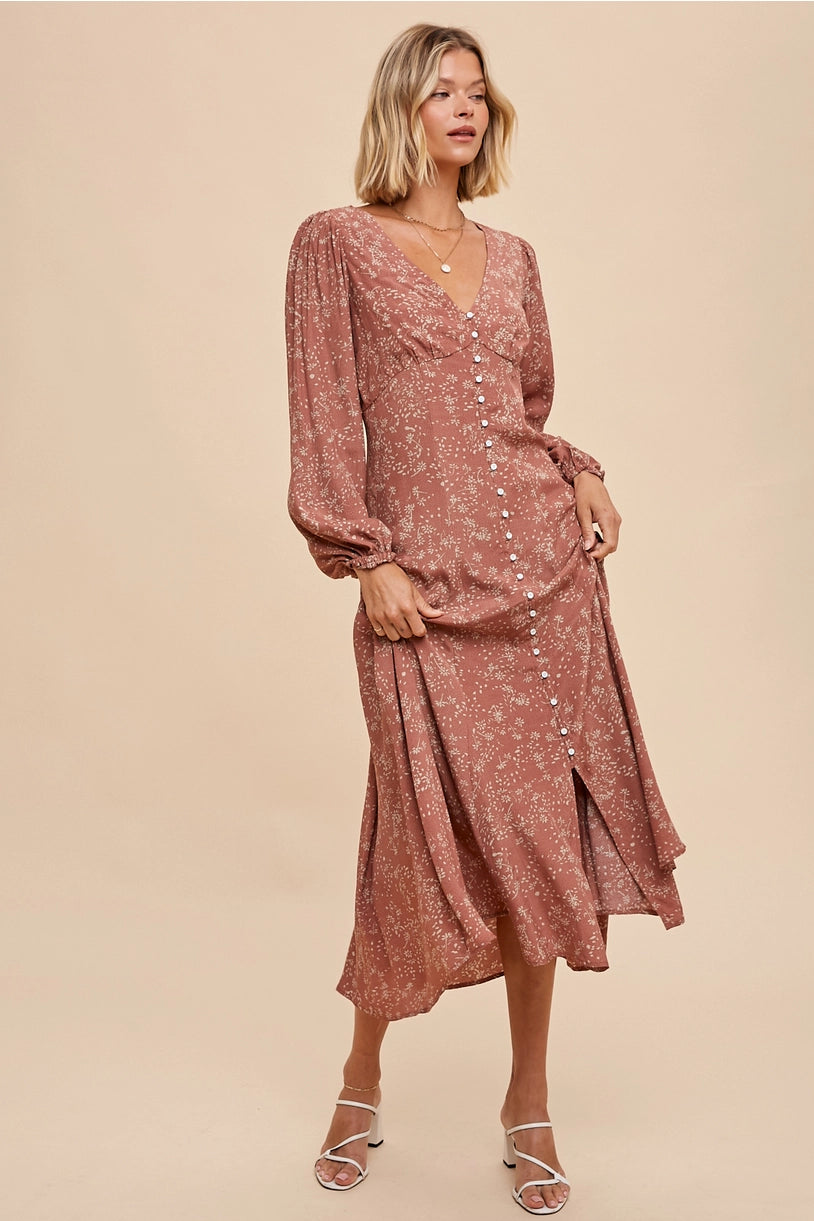 VISCOSE FLORAL BUTTON DOWN MAXI DRESS- ROSEWOOD