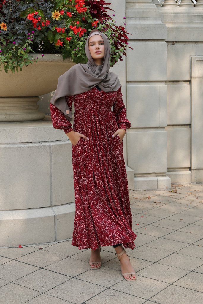 Smocked Floral Maxi Dress - BLACK RASPBERRY