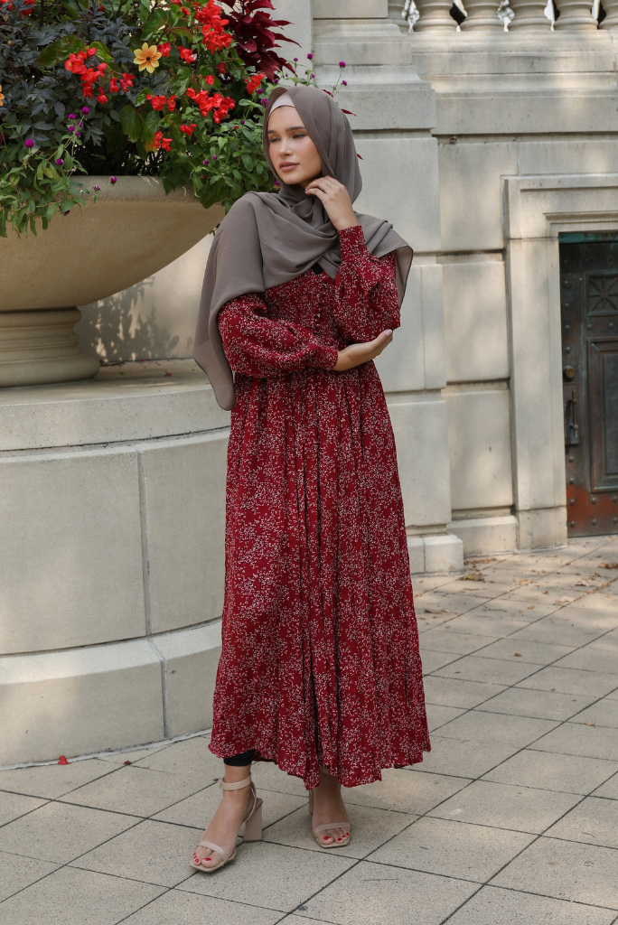 Smocked Floral Maxi Dress - BLACK RASPBERRY The Modest Outlet Smocked Floral Maxi Dress - BLACK RASPBERRY The Modest Outlet