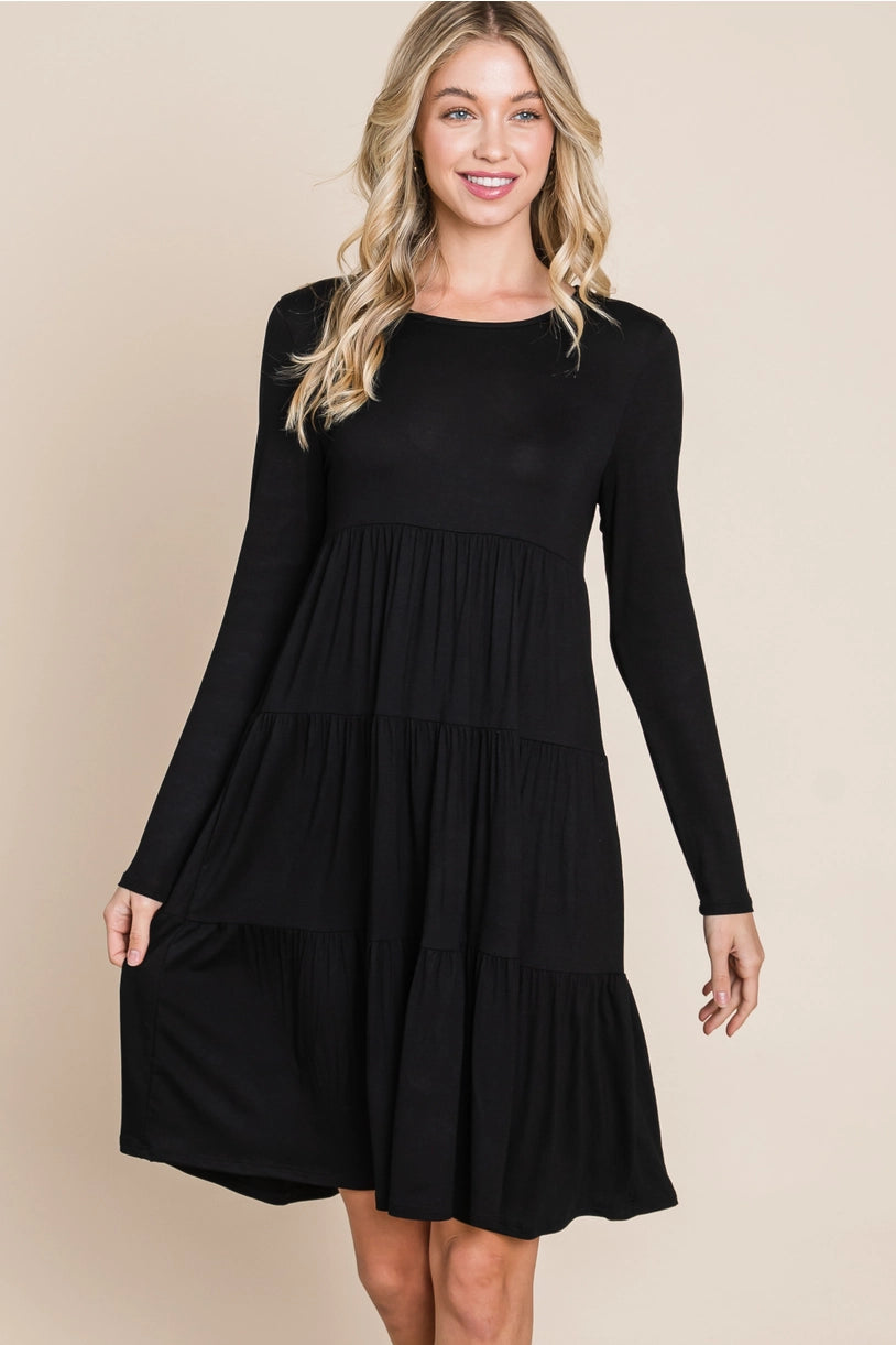 Casual Tiered Dress - BLACK, Solid