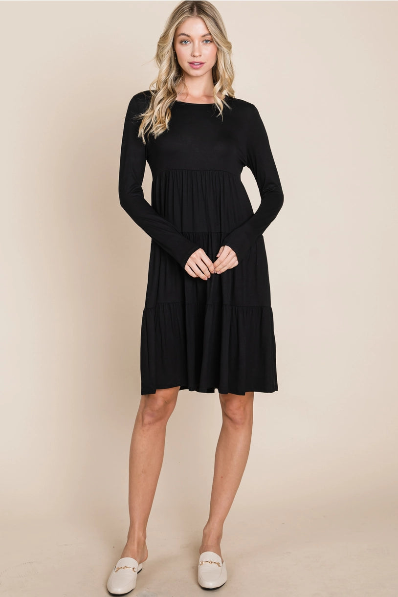 Casual Tiered Dress - BLACK, Solid