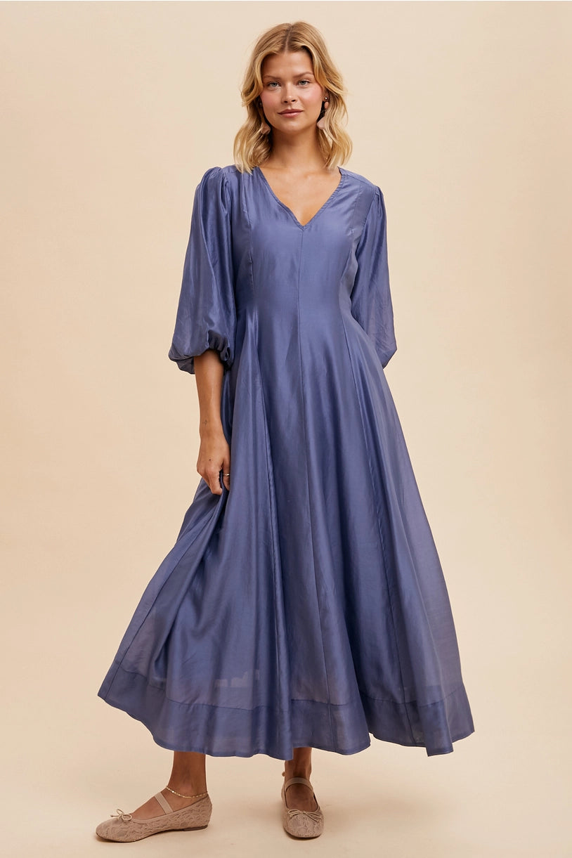 Tencel Fit and Flare Puff Sleeve Dress -  ELEMENTAL BLUE