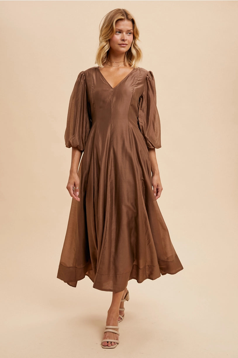 Tencel Fit and Flare Puff Sleeve Dress - CHESTNUT