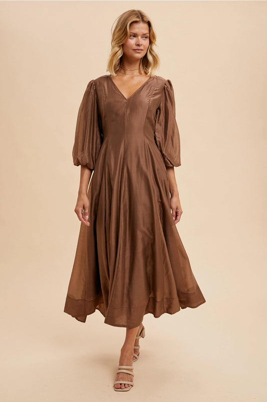 Tencel Fit and Flare Puff Sleeve Dress - CHESTNUT