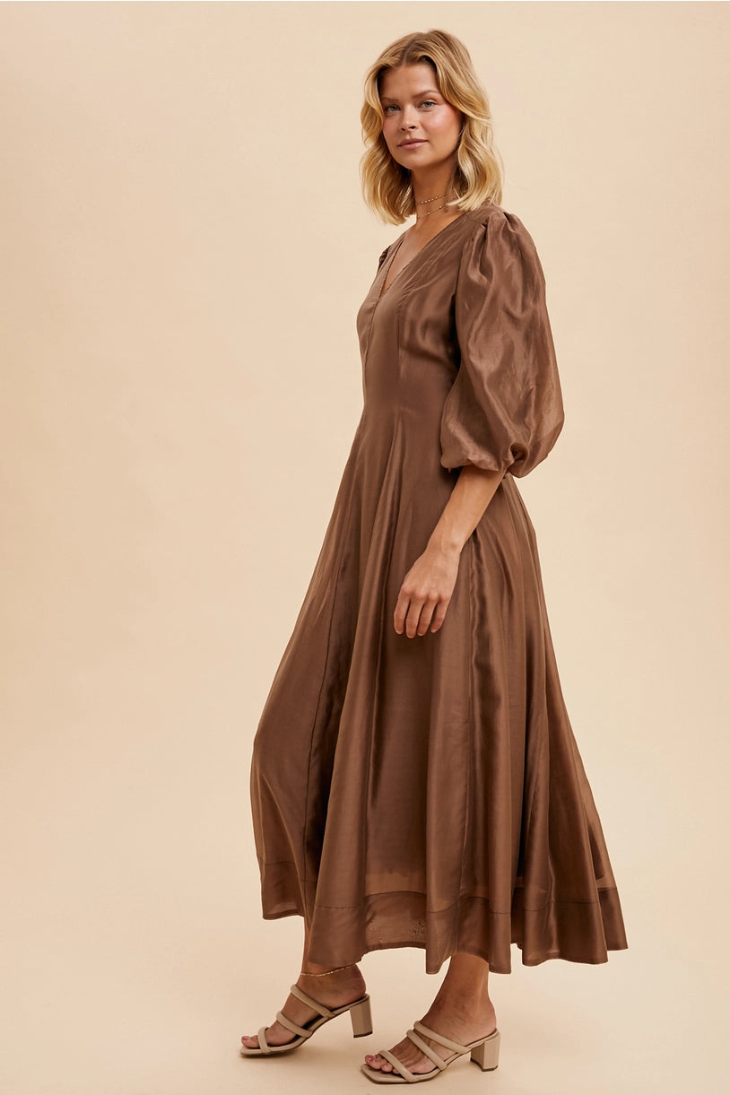 Tencel Fit and Flare Puff Sleeve Dress - CHESTNUT